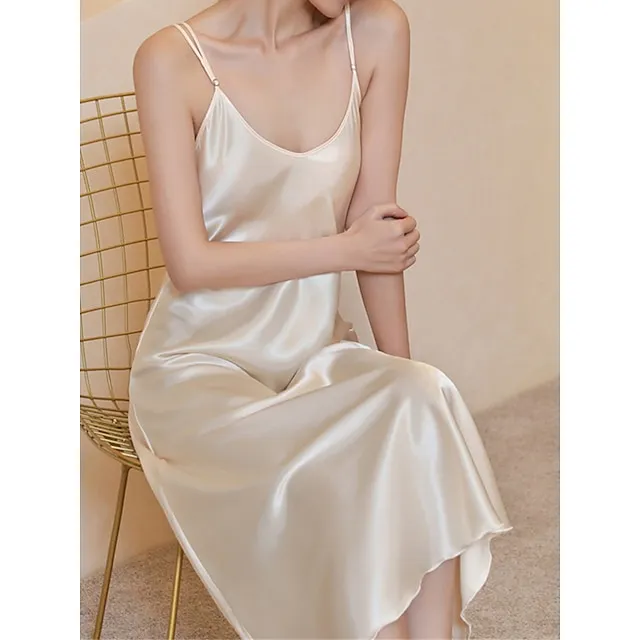Women's Slip Lingerie Nightgown Nightshirt Dress Pure Color Simple Casual Comfort Home Daily Bed Satin Breathable Straps Sleeveless Fall Winter Black White f656be9b5377ea0bc57c08526e93b6c1