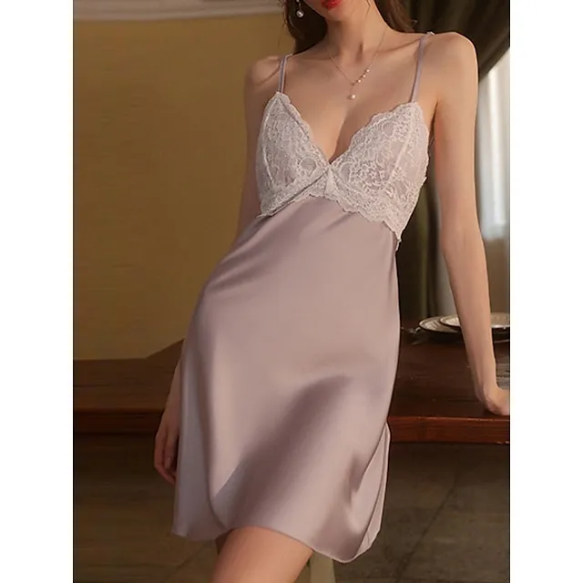 Women’s Lace Slip Lingerie Dress Pajamas Nightgown Pure Color Fashion Hot Comfort Home Daily Bed Polyester Breathable Straps Sleeveless Backless Hole Chest pads Fall Winter Lotus Pink Black efa8b07436719feabcc01220e2dcbbec