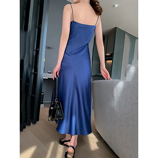 Women’s Slip Lingerie Pajamas Nightgown Nightshirt Dress Pure Color Simple Casual Comfort Home Daily Bed Satin Breathable Straps Fall Winter Black White 515b86410dc6ada66f34dc50aa02741d