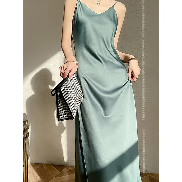 Women’s Slip Lingerie Pajamas Nightgown Nightshirt Dress Pure Color Simple Casual Comfort Home Daily Bed Satin Breathable Straps Fall Winter Black White 51da54141367f3c150f915fa2ce1c2f2