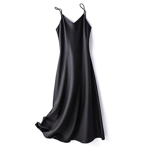 Women’s Slip Lingerie Pajamas Nightgown Nightshirt Dress Pure Color Simple Casual Comfort Home Daily Bed Satin Breathable Straps Fall Winter Black White 621cd94884dd519b569175687f8a5541