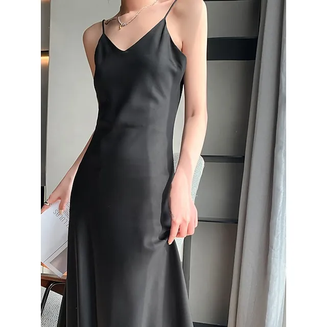 Women’s Slip Lingerie Pajamas Nightgown Nightshirt Dress Pure Color Simple Casual Comfort Home Daily Bed Satin Breathable Straps Fall Winter Black White cdee3803cf03b68bace6da0f2c5d35ea