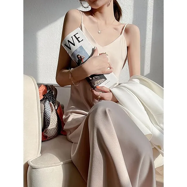 Women’s Slip Lingerie Pajamas Nightgown Nightshirt Dress Pure Color Simple Casual Comfort Home Daily Bed Satin Breathable Straps Fall Winter Black White d3958b1b0baef8b6be328eed4e658fdf