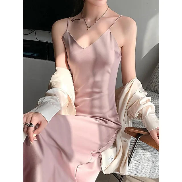 Women’s Slip Lingerie Pajamas Nightgown Nightshirt Dress Pure Color Simple Casual Comfort Home Daily Bed Satin Breathable Straps Fall Winter Black White e928600a3522fec213635466342b0b44