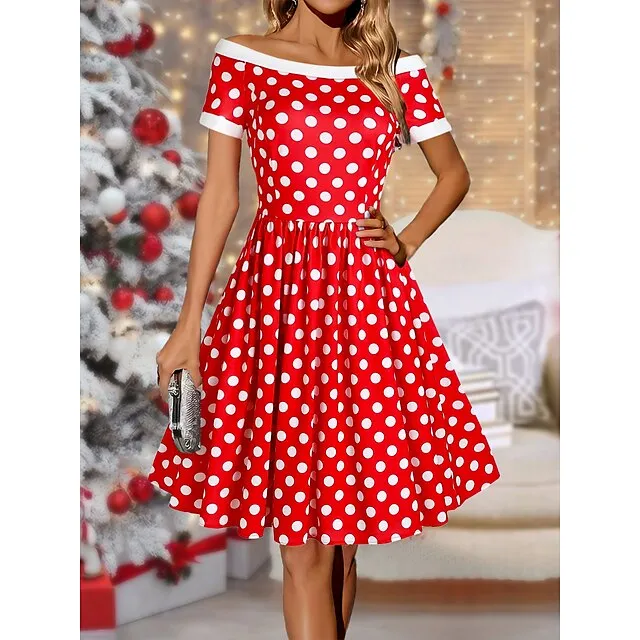 Women’s Winter Dress Swing Dress Polka Dot Print Off Shoulder Midi Dress Fashion Streetwear Party Outdoor Short Sleeve Regular Fit Red Fall Winter S M L XL XXL 10683bcc0ca7e25fec7f1faf486caafe