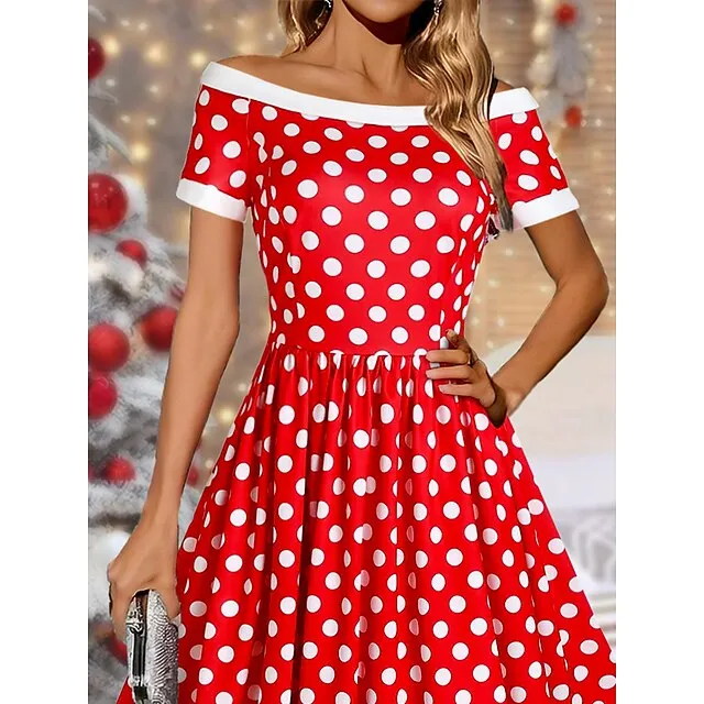 Women’s Winter Dress Swing Dress Polka Dot Print Off Shoulder Midi Dress Fashion Streetwear Party Outdoor Short Sleeve Regular Fit Red Fall Winter S M L XL XXL 23b18dcca71e303e63d6821ec01750fa