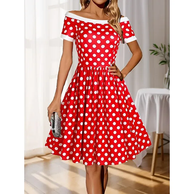 Women's Winter Dress Swing Dress Polka Dot Print Off Shoulder Midi Dress Fashion Streetwear Party Outdoor Short Sleeve Regular Fit Red Fall Winter S M L XL XXL c91e8d6cf38cf923c393df93a47a273b
