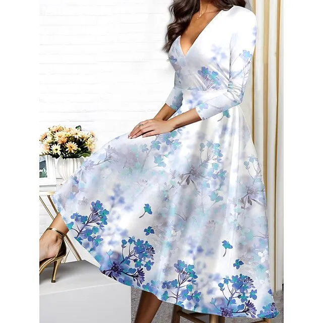 Women’s Winter Dress Swing Dress Floral Print V Neck Midi Dress Fashion Streetwear Outdoor Daily 3/4 Length Sleeve Regular Fit Red Blue Purple Fall Winter S M L XL XXL 1905b8531f2b55b345a27ba6dca71e9b