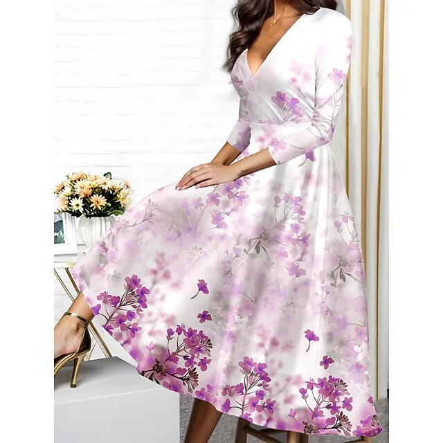 Women’s Winter Dress Swing Dress Floral Print V Neck Midi Dress Fashion Streetwear Outdoor Daily 3/4 Length Sleeve Regular Fit Red Blue Purple Fall Winter S M L XL XXL 49d0e2117fe84f2d710649a81cb2e6c6