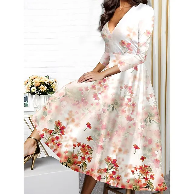 Women's Winter Dress Swing Dress Floral Print V Neck Midi Dress Fashion Streetwear Outdoor Daily 3/4 Length Sleeve Regular Fit Red Blue Purple Fall Winter S M L XL XXL fe805d4bfbec2f87cfa3cfda30d3a84d