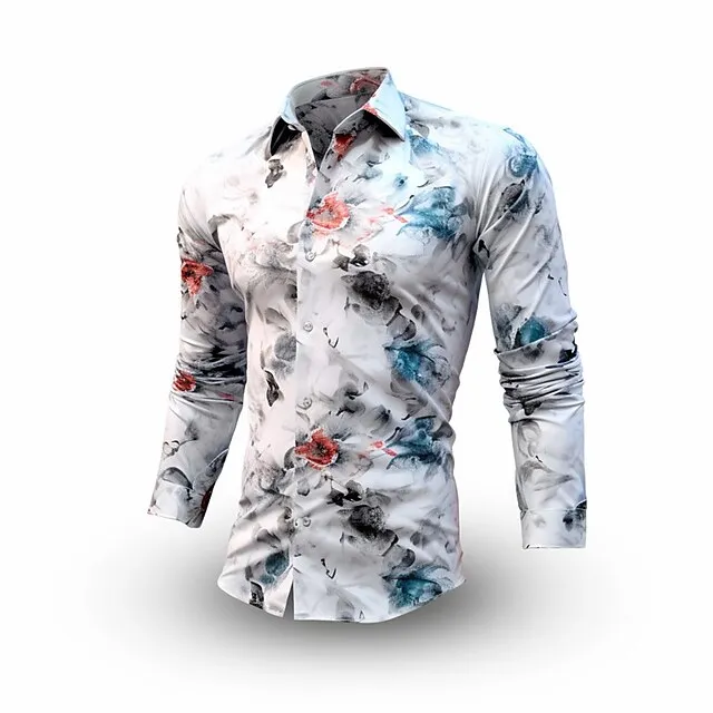 Floral Santa Claus Vintage Casual Men’s Shirt Outdoor Street Fall & Winter Turndown Long Sleeve Dark Navy Royal Blue Blue S M L Shirt 090de96f36f88aea11198dc2fa18aea0