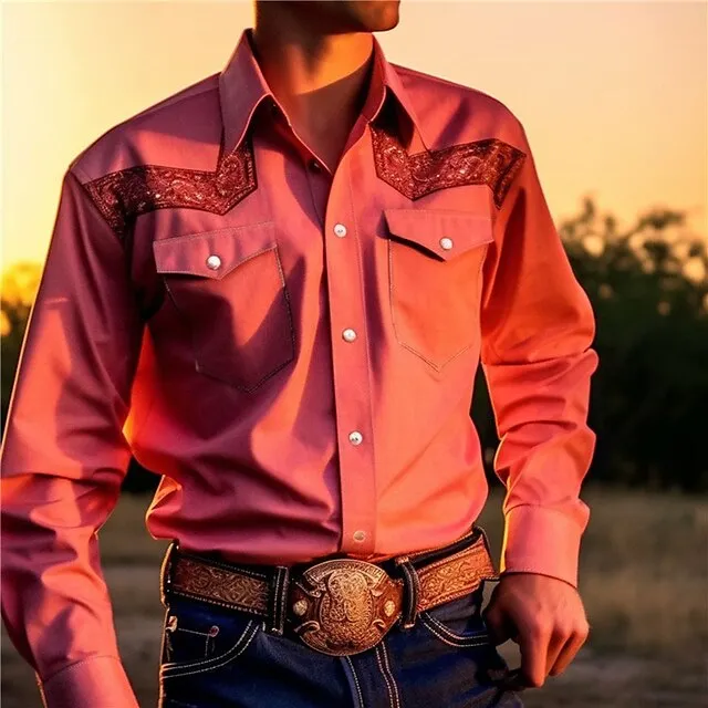 Symbol Vintage western style Men's Shirt Daily Wear Going out Weekend Fall & Winter Turndown Long Sleeve Pink S, M, L 4-Way Stretch Fabric Shirt c01c96b1b583d556ccbcef4009aed455