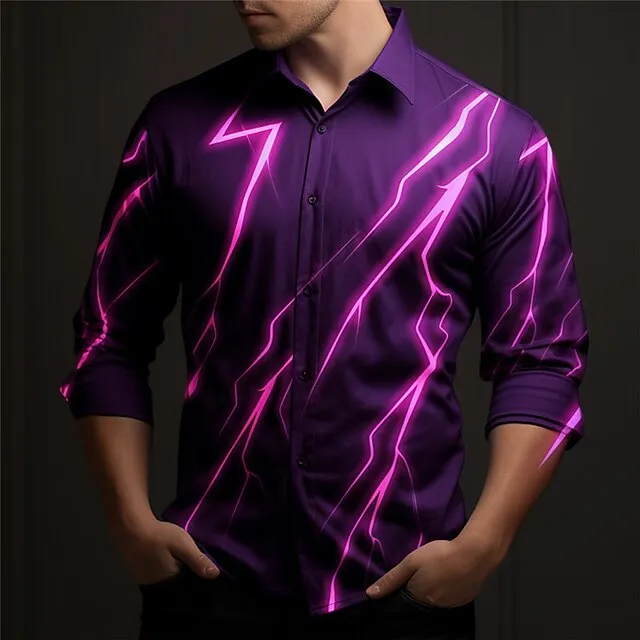 Lightning Casual Men's Shirt Daily Wear Going out Weekend Fall & Winter Turndown Long Sleeve Purple S, M, L 4-Way Stretch Fabric Shirt