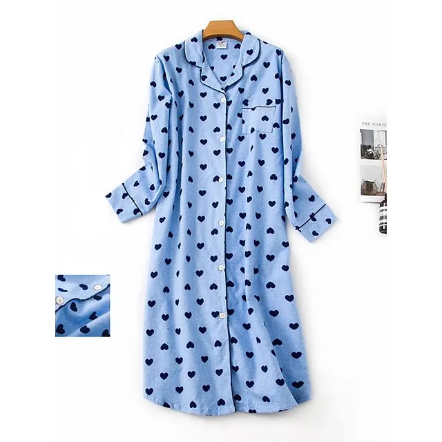 Women’s Pajamas Nightgown Nightshirt Dress Heart Grid / Plaid Simple Basic Casual Home Xmas Daily Cotton Breathable Lapel Long Sleeve Button Pocket Fall Winter White and green plaid-(extended 4df2afd4759266d4c1705c464d639138