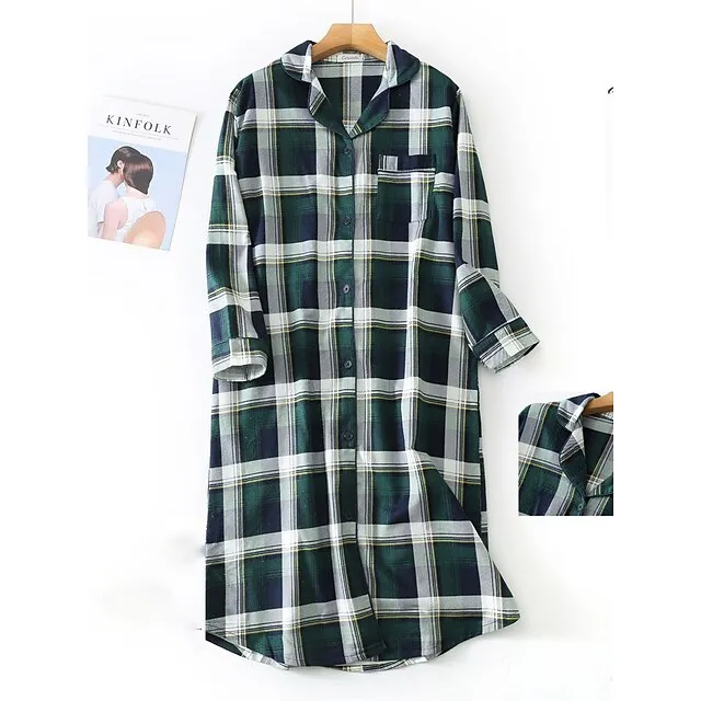 Women’s Pajamas Nightgown Nightshirt Dress Heart Grid / Plaid Simple Basic Casual Home Xmas Daily Cotton Breathable Lapel Long Sleeve Button Pocket Fall Winter White and green plaid-(extended 6c191fc2fdd531e3943d0b9146b5b675