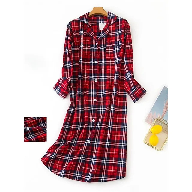Women's Pajamas Nightgown Nightshirt Dress Heart Grid / Plaid Simple Basic Casual Home Xmas Daily Cotton Breathable Lapel Long Sleeve Button Pocket Fall Winter White and green plaid-(extended 8a9852e5ffeafd3c68056550419f21c3