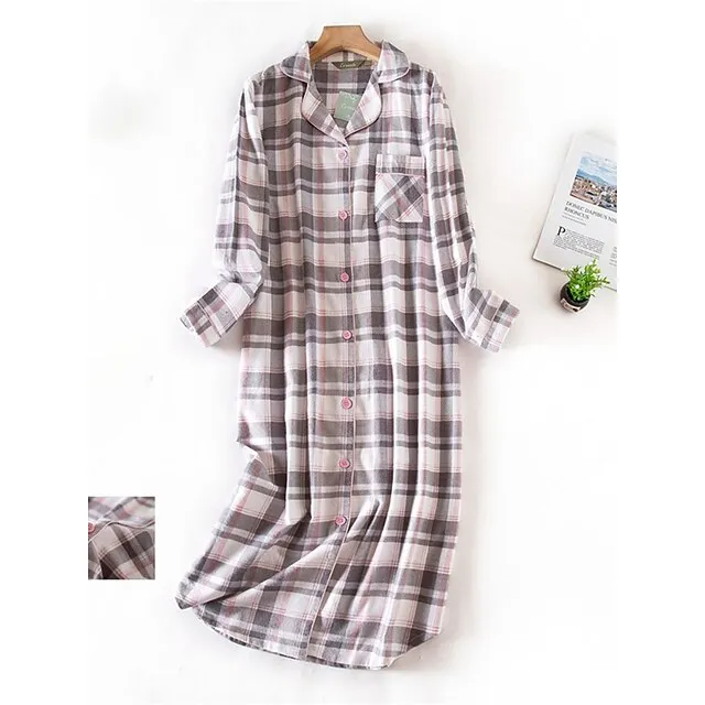 Women’s Pajamas Nightgown Nightshirt Dress Heart Grid / Plaid Simple Basic Casual Home Xmas Daily Cotton Breathable Lapel Long Sleeve Button Pocket Fall Winter White and green plaid-(extended aa1c1c859b6356e76cae4c60c50f2028