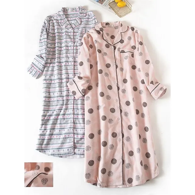 Women’s Pajamas Nightgown Nightshirt Dress Heart Grid / Plaid Simple Basic Casual Home Xmas Daily Cotton Breathable Lapel Long Sleeve Button Pocket Fall Winter White and green plaid-(extended bb5014788679df266ed66971a106fddf