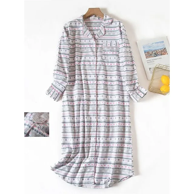 Women’s Pajamas Nightgown Nightshirt Dress Heart Grid / Plaid Simple Basic Casual Home Xmas Daily Cotton Breathable Lapel Long Sleeve Button Pocket Fall Winter White and green plaid-(extended d2a4db9dc7809826044c5ce7096de13f