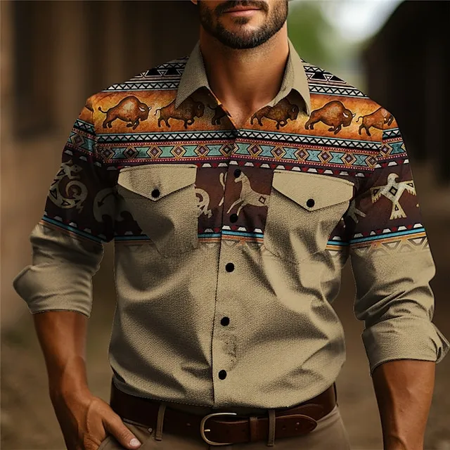 Tribal Bandana Print Vintage Tribal Men's Shirt Western Shirt Outdoor Street Casual Daily Fall & Winter Turndown Long Sleeve Yellow Gray S M L Shirt af734a5143093b24cde5517939039b50