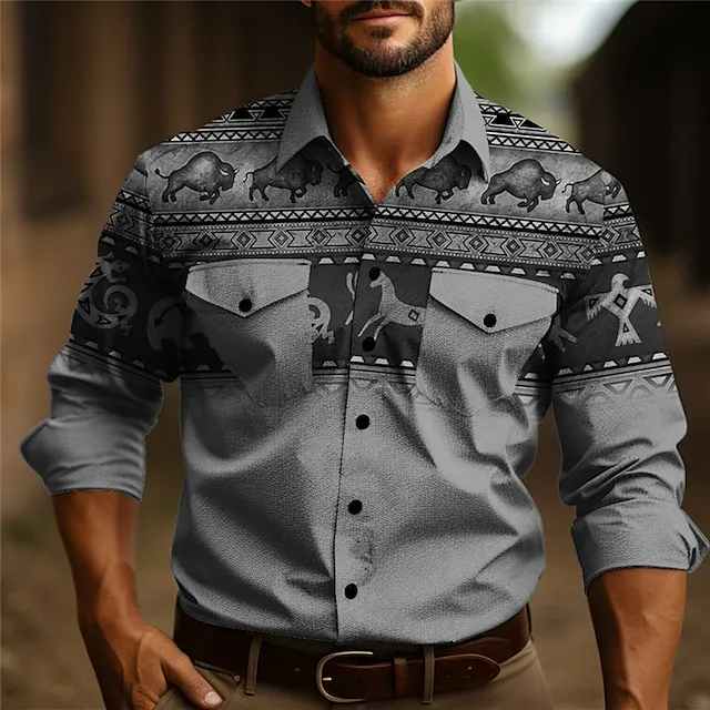 Tribal Bandana Print Vintage Tribal Men’s Shirt Western Shirt Outdoor Street Casual Daily Fall & Winter Turndown Long Sleeve Yellow Gray S M L Shirt d4ffab93e16482e781fdb421cc79c027