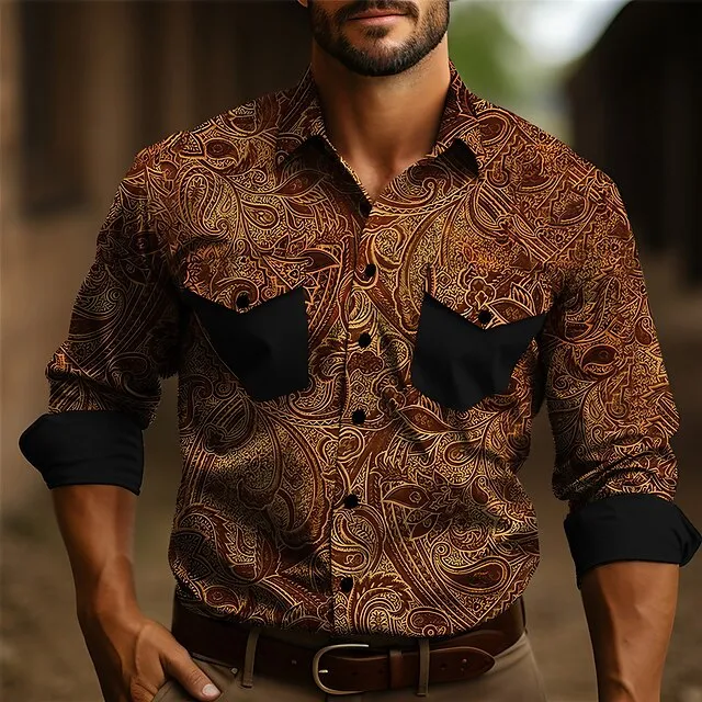 Paisley Vintage Men's Shirt Western Shirt Outdoor Street Casual Daily Fall & Winter Turndown Long Sleeve Blue Brown Gray S M L Shirt