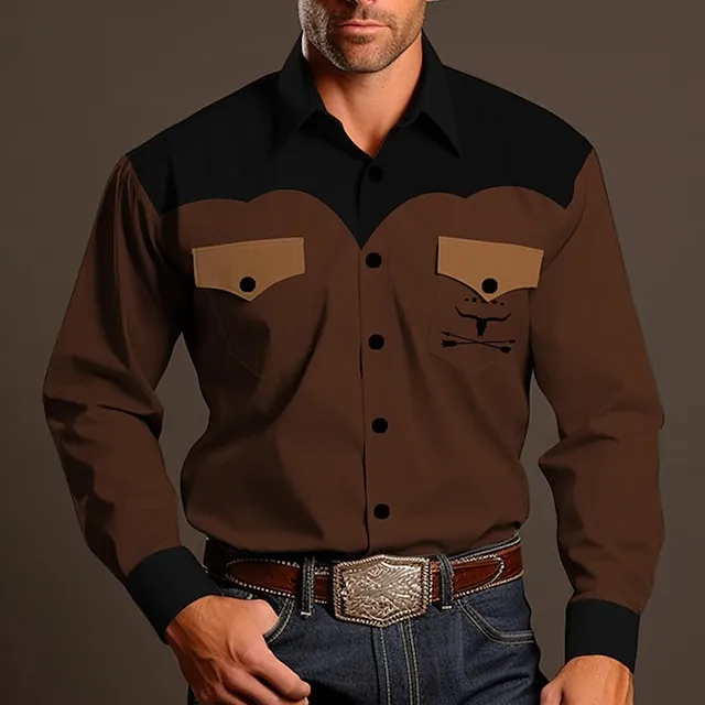 Cowboy Vintage western style Men’s Shirt Western Shirt Outdoor Street Casual Daily Fall & Winter Turndown Long Sleeve Brown khaki S M L Shirt 35dd023d8d23fd2702e1e49fd64c3944