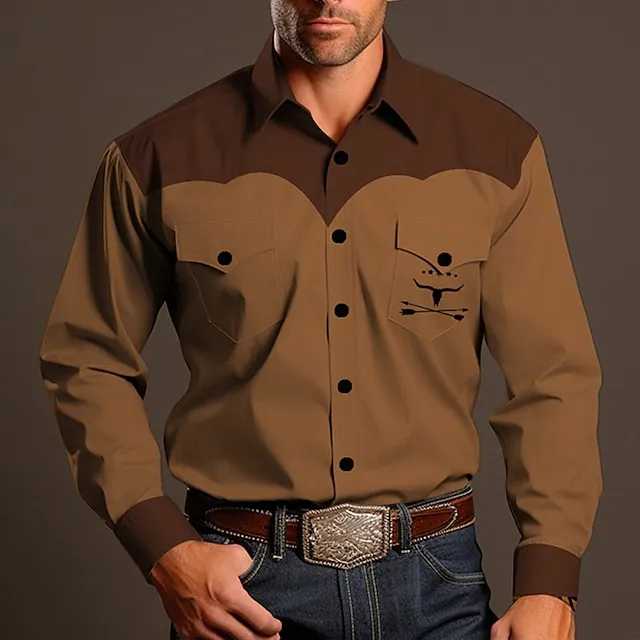 Cowboy Vintage western style Men's Shirt Western Shirt Outdoor Street Casual Daily Fall & Winter Turndown Long Sleeve Brown khaki S M L Shirt c6c161b9ea1985fa6df304590ad32aca