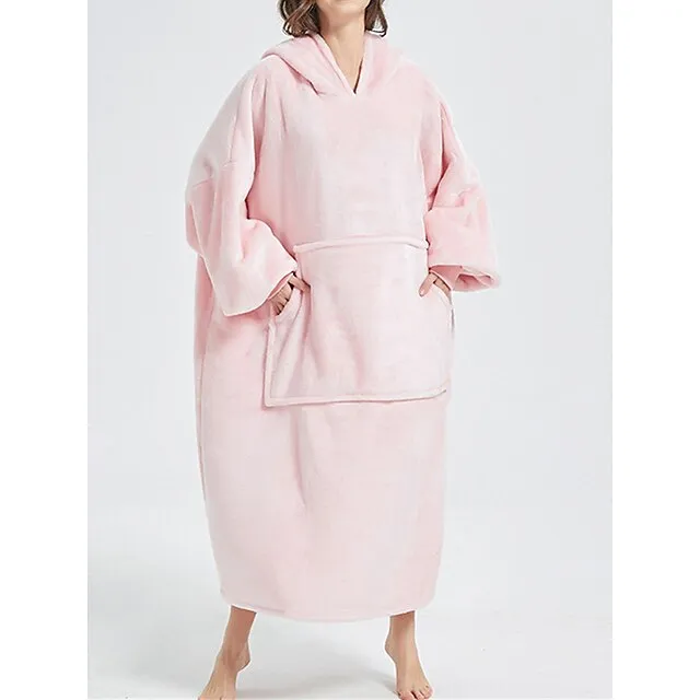 Women’s Fleece Hoodie Blanket Pure Color Plush Casual Comfort Home Daily Bed Flannel Warm Hoodie Long Sleeve Pocket Fall Winter Light Pink Lake blue c520418e4391910b077f78d1505d514e