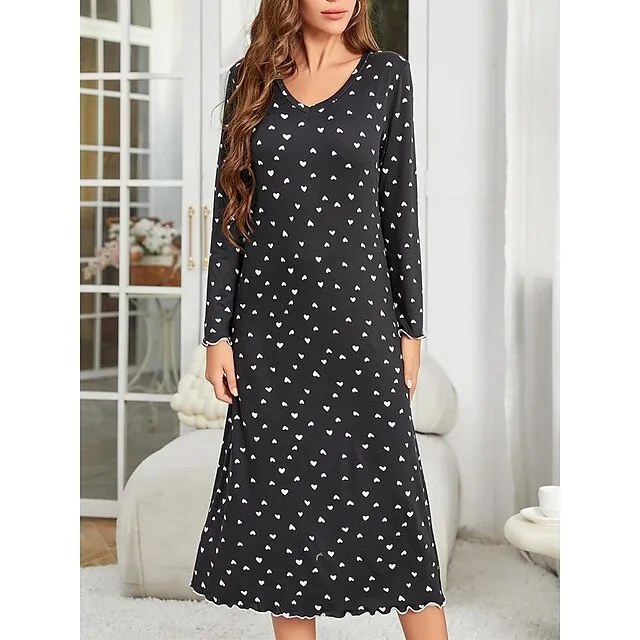 Women’s Pajamas Nightgown Nightshirt Dress Dot Simple Casual Comfort Home Daily Bed Polyester Breathable V Wire Long Sleeve Fall Winter Black 26426341dc6f1798ba14e40d5b74b206