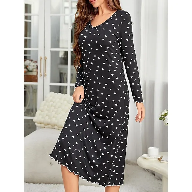 Women's Pajamas Nightgown Nightshirt Dress Dot Simple Casual Comfort Home Daily Bed Polyester Breathable V Wire Long Sleeve Fall Winter Black 4408781b48beed9b95e0efedaaf7f7d5