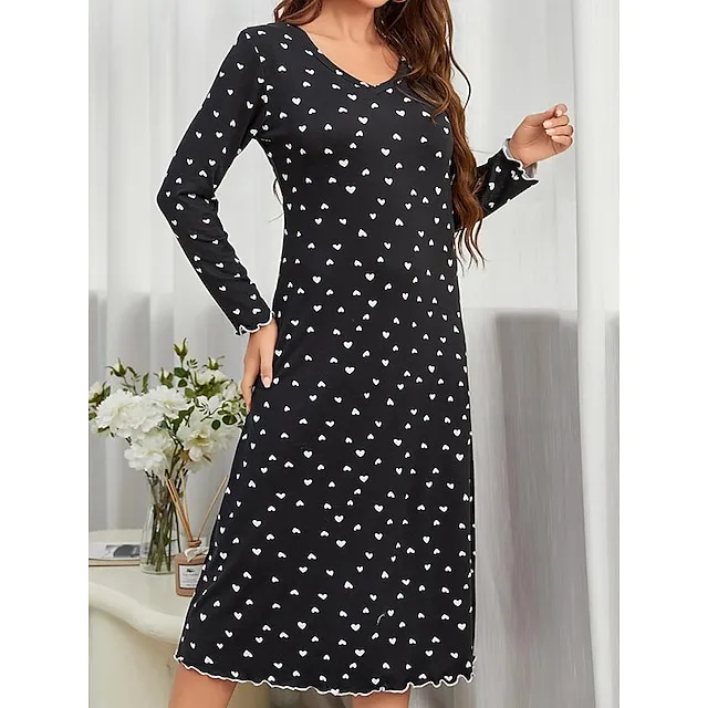 Women’s Pajamas Nightgown Nightshirt Dress Dot Simple Casual Comfort Home Daily Bed Polyester Breathable V Wire Long Sleeve Fall Winter Black e6719c301bf40ff2be5b63197851b5af
