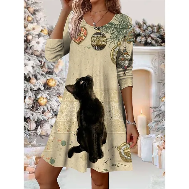 Women’s Winter Dress T Shirt Dress Tee Dress Cat Santa Claus Print Crew Neck Mini Dress Fashion Streetwear Daily Vacation Long Sleeve Loose Fit Black Yellow Red Fall Winter S M L XL XXL b03d60f8eebb4063c6489ece8689957c