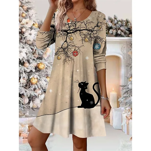 Women's Winter Dress T Shirt Dress Tee Dress Cat Santa Claus Print Crew Neck Mini Dress Fashion Streetwear Daily Vacation Long Sleeve Loose Fit Black Yellow Red Fall Winter S M L XL XXL c796ffd90cfa720a8bd6128e828e85cc