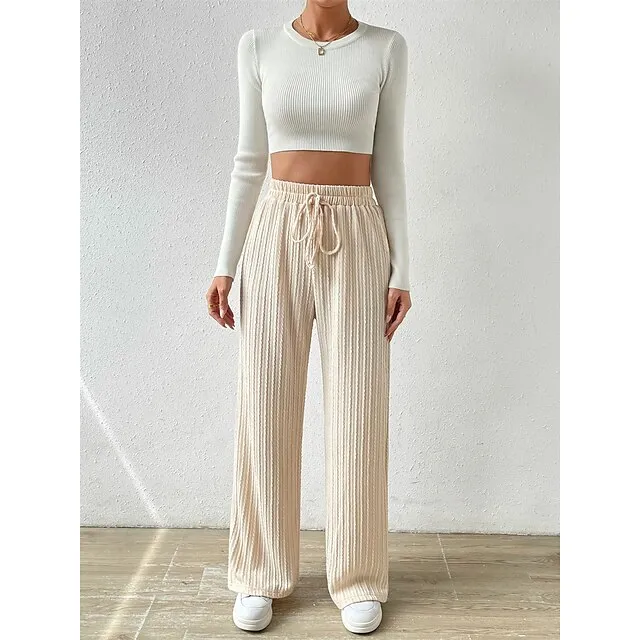 Women’s Wide Leg Linen Pants Pants Trousers Linen Plain Full Length Micro-elastic High Waist Fashion Streetwear Street Daily Apricot S M Fall Winter 2ca8d26ae69566a372a9696c0c69a242