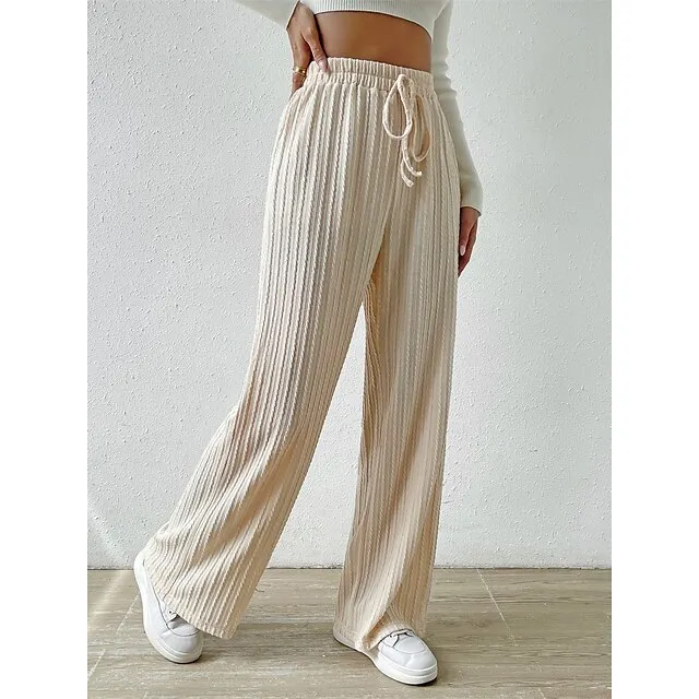 Women’s Wide Leg Linen Pants Pants Trousers Linen Plain Full Length Micro-elastic High Waist Fashion Streetwear Street Daily Apricot S M Fall Winter 65220937413aa6fbbf8344e038f6d770