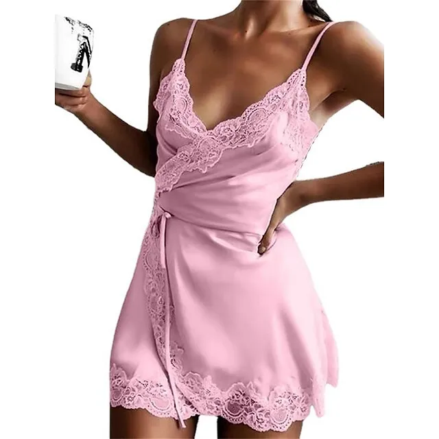 Women’s Chemises & Negligees Pure Color Lovers Hot Comfort Bed Valentine’s Day Beach Satin Breathable Straps Sleeveless Backless Summer Spring Black Pink 5b56bf5ad3e76a98a6b8fb0667a2d3db