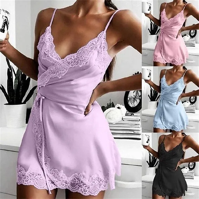 Women’s Chemises & Negligees Pure Color Lovers Hot Comfort Bed Valentine’s Day Beach Satin Breathable Straps Sleeveless Backless Summer Spring Black Pink bffd57d3e5109efa53e6cdb25c009be0