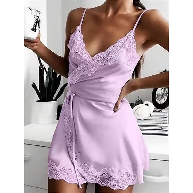 Women’s Chemises & Negligees Pure Color Lovers Hot Comfort Bed Valentine’s Day Beach Satin Breathable Straps Sleeveless Backless Summer Spring Black Pink f8c98d1f28f988a07370c42662e4af7c