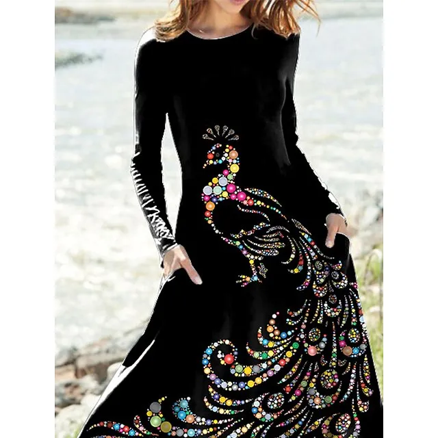 Women’s Casual Dress Winter Dress Animal Print Pocket Crew Neck Midi Dress Fashion Streetwear Outdoor Daily Long Sleeve Regular Fit Black Fall Winter S M L XL XXL 5edd3437ceb73ae9847ca4245b72bb3a
