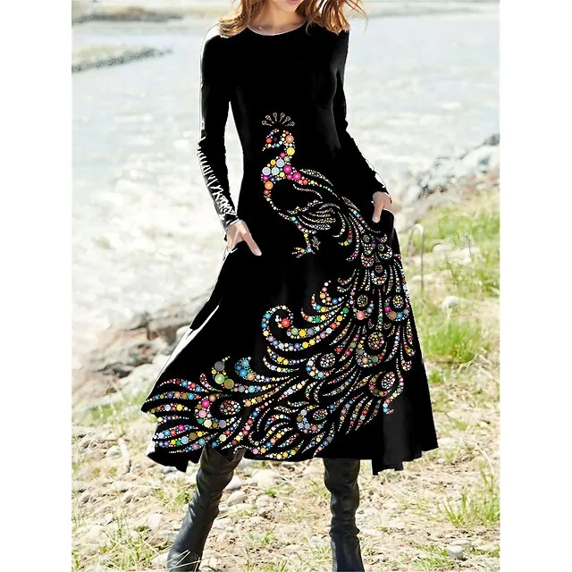 Women's Casual Dress Winter Dress Animal Print Pocket Crew Neck Midi Dress Fashion Streetwear Outdoor Daily Long Sleeve Regular Fit Black Fall Winter S M L XL XXL 6ab721e7f7d4cd0e73aff28473b7f90b