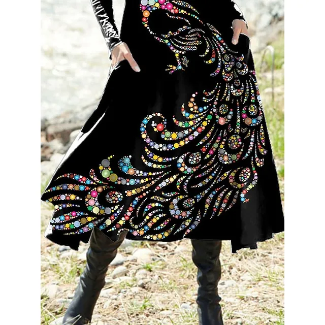 Women’s Casual Dress Winter Dress Animal Print Pocket Crew Neck Midi Dress Fashion Streetwear Outdoor Daily Long Sleeve Regular Fit Black Fall Winter S M L XL XXL 7ca91fbe485ca6d78f1226e663aa3eb2