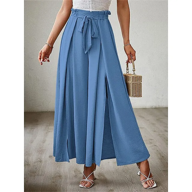 Women’s Wide Leg Pants Trousers Plain Pleated Full Length Micro-elastic High Waist Fashion Streetwear Street Daily rice white Robin’s Egg Blue S M Fall Winter 0e02e77fa2436dbbe0d2b0fd176bd9f5