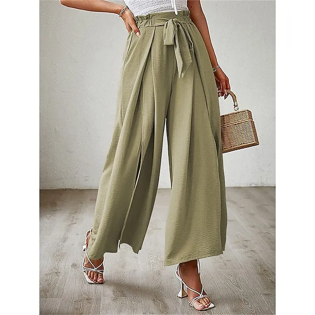 Women’s Wide Leg Pants Trousers Plain Pleated Full Length Micro-elastic High Waist Fashion Streetwear Street Daily rice white Robin’s Egg Blue S M Fall Winter 1cff448e44701061c9e7157197055375