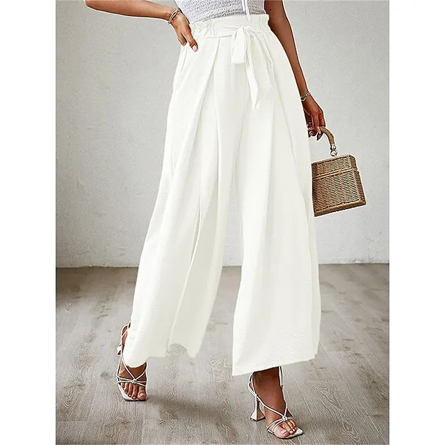 Women’s Wide Leg Pants Trousers Plain Pleated Full Length Micro-elastic High Waist Fashion Streetwear Street Daily rice white Robin’s Egg Blue S M Fall Winter 1d16275b79bd897b8ec14b8a19db28b5