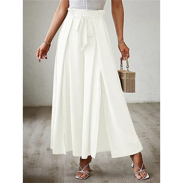 Women’s Wide Leg Pants Trousers Plain Pleated Full Length Micro-elastic High Waist Fashion Streetwear Street Daily rice white Robin’s Egg Blue S M Fall Winter 430a6c81e0e93e45285763cb7add4cda
