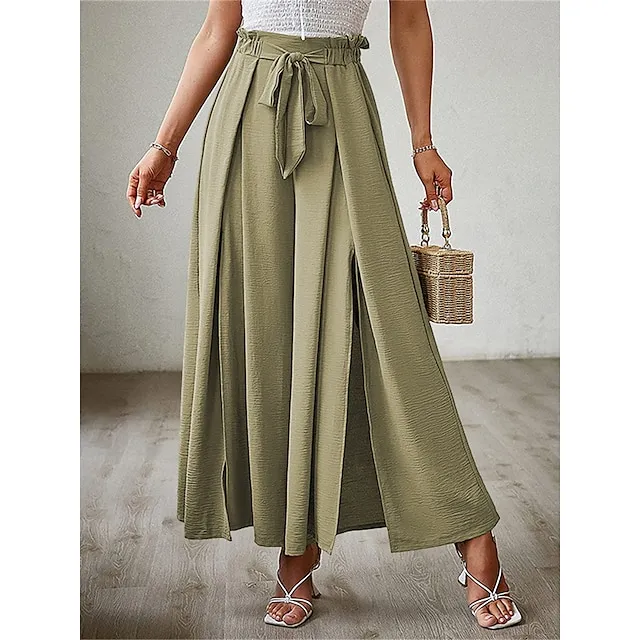 Women’s Wide Leg Pants Trousers Plain Pleated Full Length Micro-elastic High Waist Fashion Streetwear Street Daily rice white Robin’s Egg Blue S M Fall Winter 5cff92ee8e0628b2f6b3919fb307a4ca