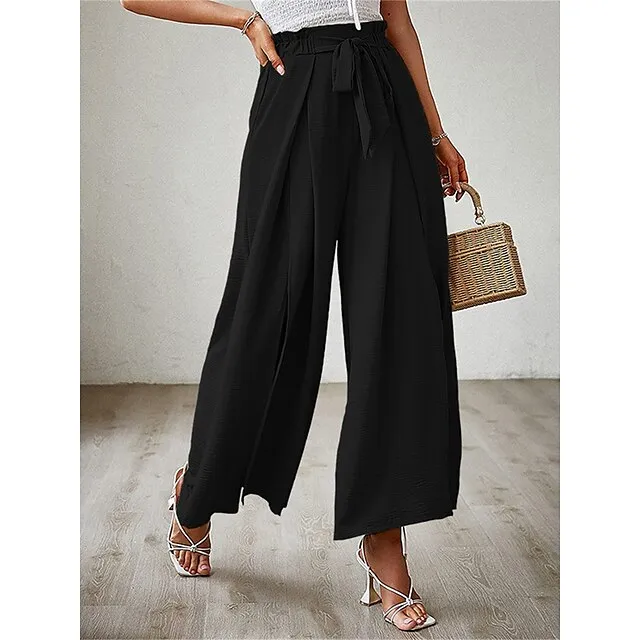 Women’s Wide Leg Pants Trousers Plain Pleated Full Length Micro-elastic High Waist Fashion Streetwear Street Daily rice white Robin’s Egg Blue S M Fall Winter 6b1dd8401d7ffd2bb80976ce980d5b08