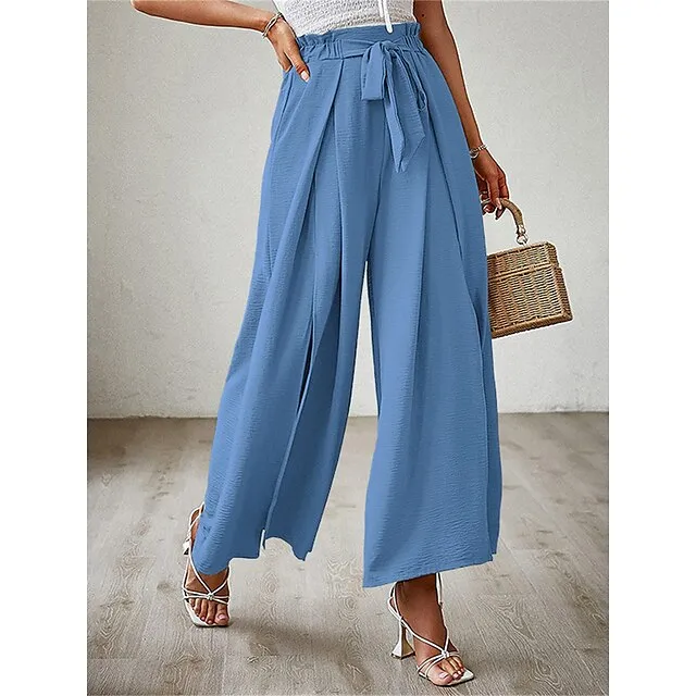 Women’s Wide Leg Pants Trousers Plain Pleated Full Length Micro-elastic High Waist Fashion Streetwear Street Daily rice white Robin’s Egg Blue S M Fall Winter 755c05675c74fd20c0ef4431238ea168