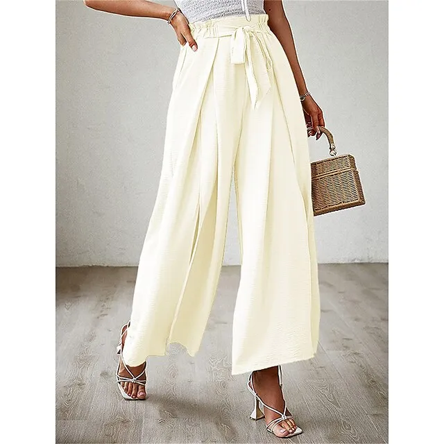 Women’s Wide Leg Pants Trousers Plain Pleated Full Length Micro-elastic High Waist Fashion Streetwear Street Daily rice white Robin’s Egg Blue S M Fall Winter bf4a24e91e22e8ebdaba954266b3df00